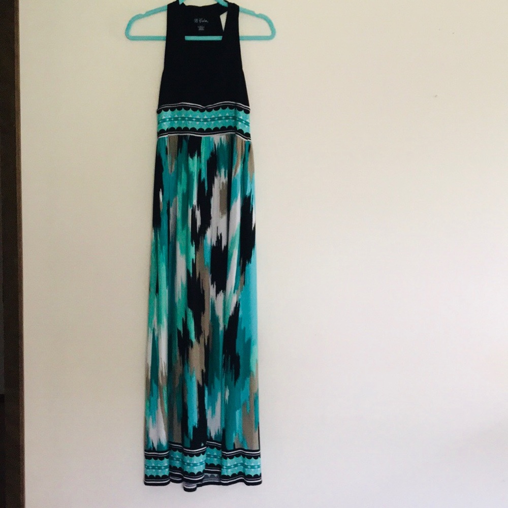 Silky aqua and black maxi dress